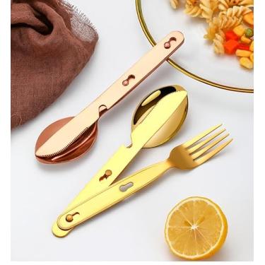 Imagem de Conjunto de utensílios de acampamento prata 3 em 1 com bolsa de transporte – Conjunto de facas de garfo de colher, talheres de aço inoxidável 430 para caminhadas, atividades ao ar livre e viagens