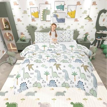 Imagem de Conjunto de edredom infantil de dinossauro, desenho fofo de dinossauro, decoração de quarto de crianças e adolescentes, estampa reversível, 2 peças, para todas as estações, tamanho solteiro com 1