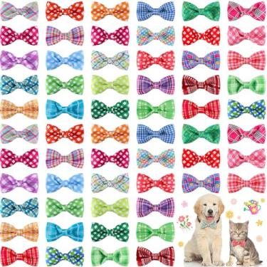 Imagem de Silkfly 60 peças de coleira de cachorro xadrez de primavera gravatas borboleta a granel acessórios para cães de férias laços de cachorro pingentes de coleira destacável para cães pequenos, médios e