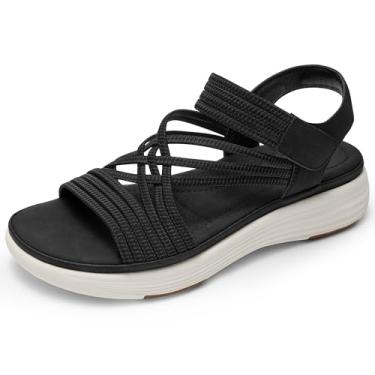Imagem de Vilanva Sandálias rasteiras femininas confortáveis, tiras elásticas, bico aberto, sandálias casuais de caminhada para mulheres elegantes de verão, Preto, 38