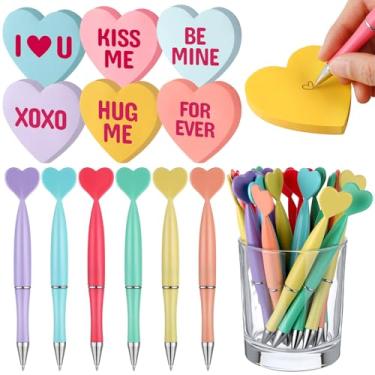 Imagem de Tenceur Pacote com 24 canetas de dia dos namorados e 24 unidades de notas adesivas coloridas em forma de coração, canetas esferográficas Macaron, bloco adesivo, 75 folhas/bloco, presente de dia dos