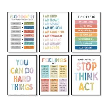 Imagem de Pôster em tela Positive Affirmations Growth Mindset Feelings Wall Art Kids Mental Health Therapy Pictures Playroom Classroom Decor Educational Prints (SKU7-6PCS, 12 x 18 pol) (30 x 45 cm), moldura de