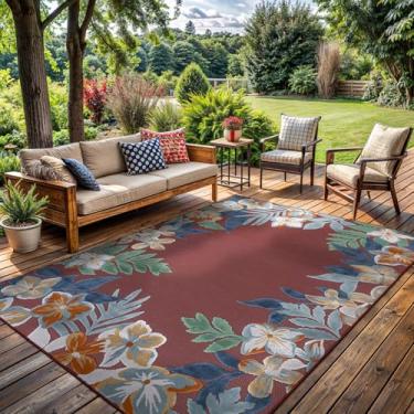 Imagem de Tapete para ambientes externos, 20 x 25 cm, lavável, tapetes para ambientes internos e externos, borda vermelha, floral, não cai, impermeável, fácil de limpar, terraço, varanda, sala de estar, quarto