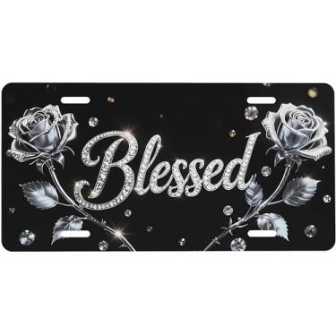 Imagem de UEQIKI Rose Blessed Placa de Licença Frontal Prata para Mulheres Placas Decorativas Alumínio Metal Linda Novidade Placa de Licença para Homens 6x12 Polegadas (4 Furos)