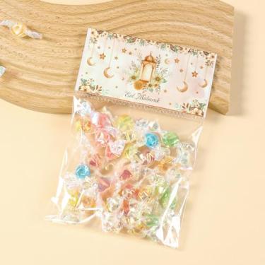 Imagem de 20 unidades de sacos de celofane Ramadan Mubarak com cabeçalho de plástico impresso, sacos de guloseimas autovedantes com estampa de flores de lua em aquarela para festa Eid al-Fitr, pequenos