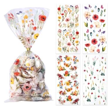 Imagem de 100 unidades de sacos de biscoito de doces de flores silvestres, 4 estilos de sacolas florais de primavera com laços torcidos, decorações de festa de aniversário e casamento (transparente)
