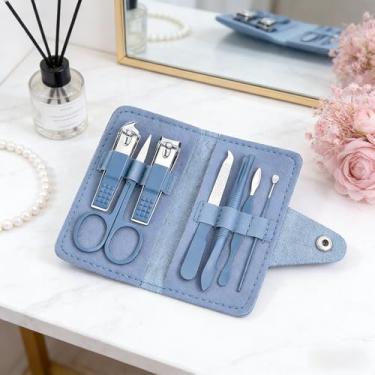 Imagem de Conjunto de 7 peças de manicure para cortadores de unha, conjunto de cortador de unhas, kit de pedicure e manicure de aço inoxidável com capa de couro PU azul (azul)