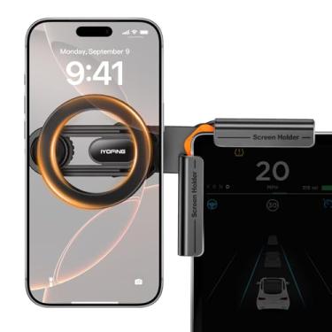 Imagem de IYOFINE Suporte de telefone Tesla, sem necessidade de cola, para suporte magnético MagSafe para painel de carro para Tesla Model Y, acessórios modelo 3, serve para todos os iPhone e Android com anel