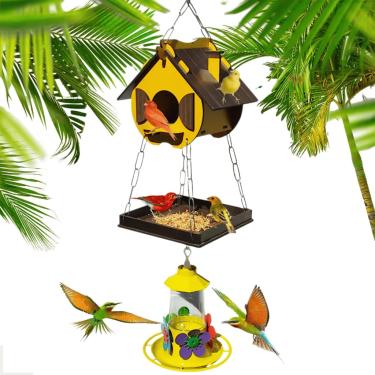 Imagem de Comedouro e Bebedouro para Pássaros Silvestres + Bebedouro para Beija-flor – MDF Artesanal, Edição Limitada, Decoração para Jardim(Amarelo)