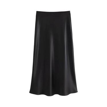 Imagem de Saia Midi De Cetim De Cintura Alta Para Mulheres, Casual, Estilo De Ru