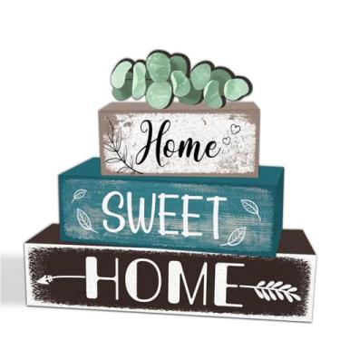 Imagem de 4 peças de centro de mesa de casa doce casa, estilo vintage, decoração de blocos de madeira, placa de decoração de folha de eucalipto, peça central de mesa de madeira de fazenda, perfeita para quarto