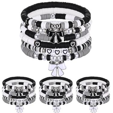 Imagem de Landical 24 pulseiras de laço de amizade em massa boho, presentes de festa, pulseiras elásticas com contas para artigos de festa hippie retrô (preto, laço coquete)