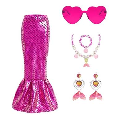 Imagem de Saias de sereia brilhantes para meninas, saia longa, festival, com acessórios da mesma cor, 4 a 12 anos, Rosa Ros, 6-7 Anos