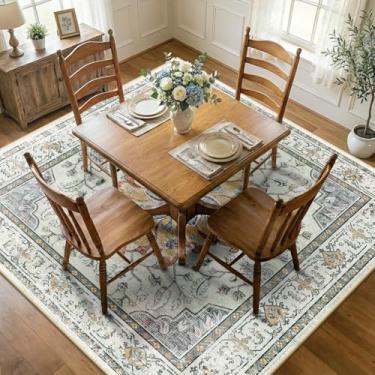 Imagem de RELEANY Tapetes quadrados de 2,1 m, lavável, antiderrapante, floral, vintage, estampa de angústia, tapete medalhão para sala de estar, quarto, sala de jantar, amarelo claro, cinza carbono laranja