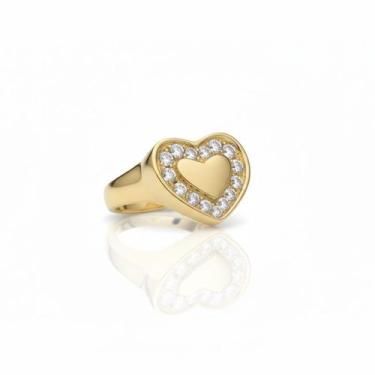Imagem de Anel Feminino Signet Coração Cravejado Zircônias Banhado a Ouro 18k - 