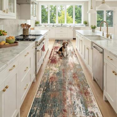 Imagem de RELEANY Tapetes laváveis 60 x 30 cm, antiderrapante, moderno, abstrato, macio para sala de estar, entrada, quarto, berçário, estampado, marrom, ferrugem, vermelho, verde, azul, multi