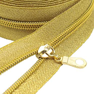 Imagem de MebuZip Rolo de zíper de bobina de nylon metálico dourado #5 da The Yard Bulk Coil de 10 metros com 25 peças de puxadores para artesanato de costura DIY (GoldTape)