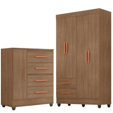 Imagem de Kit Guarda-Roupa Solteiro 4 Portas com Cômoda Sapateira Lisa Carvalho 