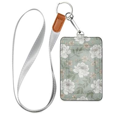 Imagem de Burbuja Porta-crachá de couro com cordão, etiqueta de identificação de flores com 1 janela transparente para identidade e 2 compartimentos para cartão para escritório, enfermeira, professor, médico