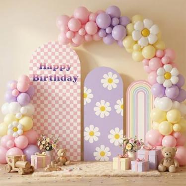 Imagem de Chunful 3 peças de capa de fundo de arco de aniversário de cachorro azul decoração de fundo de foto 2 lados redondo com tema de desenho animado para chá de bebê decoração de festa de aniversário 1,8 m