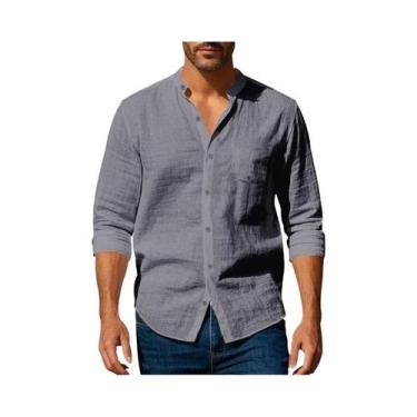 Imagem de Camisa Masculina Slim Fit De Algodão E Linho Com Gola Henley, Leve, Re
