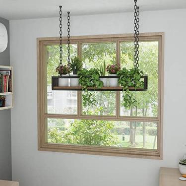 Imagem de Rack criativo para exibição de vaso de flores para pendurar no teto com placa de madeira maciça e moldura de ferro, perfeito para varanda, bar, floricultura - prateleira de plantas de 100 x 25 x 15 cm