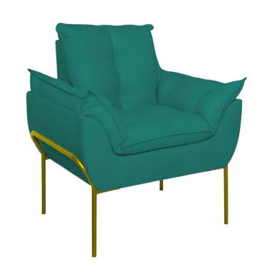 Imagem de Poltrona Sofá Luxo Base Metal Dourada Recepção Escritório Azul Turquesa