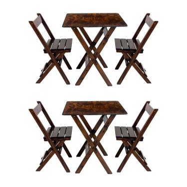 Imagem de Kit 2 Conjuntos Mesa Dobrável Para Bar E Restaurante 60x60cm Com 2 Cadeiras Em Madeira Maciça - Imbu - Marrom