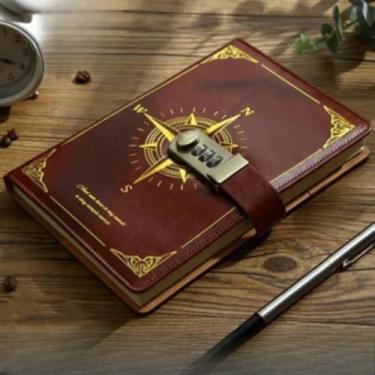 Imagem de Caderno Pessoal com Trava de Senha Ajustável, Caderneta Capa Dura para Anotações, Caderno A5 para Estudos, Trabalho e Organização Diária (Bússola Marrom)