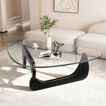 Imagem de Mesa de centro triangular em nogueira moderna de madeira maciça de meados do século e mesa de centro triangular de vidro transparente para sala de estar, mesa de chá minimalista baixa (82 x 56 x 40