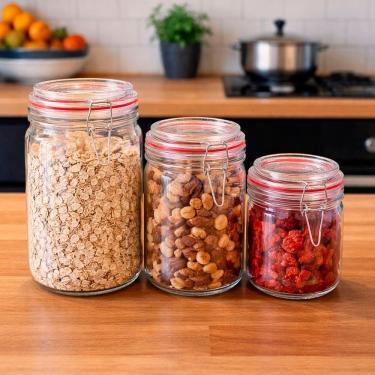 Imagem de Potes Hermético Mantimentos De Vidro 300ml 750ml 1L Kit 6pçs