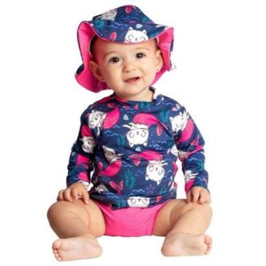 Imagem de Conjunto Praia Bebê e Infantil Proteção UV com Chapéu Gatinha Sereia Pink Neon Diju-Feminino