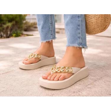 Imagem de Tamanco Zaxy Feminino Plataforma Com Corrente Dourada, Off white, 36