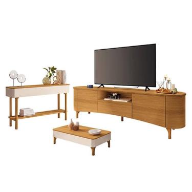 Imagem de Rack Bancada Elara Cinamomo com Mesa de Centro Liz e Aparador Fiero Off White Cinamomo - HB Móveis