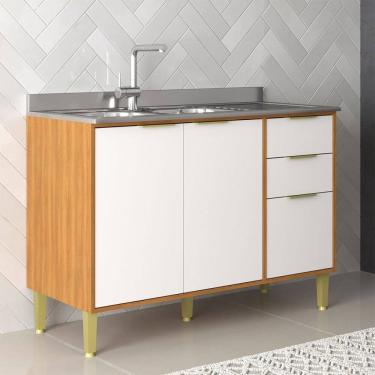 Imagem de Balcão de Cozinha para Pia 120 Cm Domus 2 Portas 3 Gavetas Nogal/Branco - Hecol Móveis