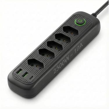 Imagem de Régua de energia com 5 tomadas + USB + Tipo-C  Cabo 2m  Filtro de Linh