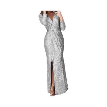 Imagem de Vestido De Festa Elegante Longo Com Decote Em V Brilhante Para Mulhere