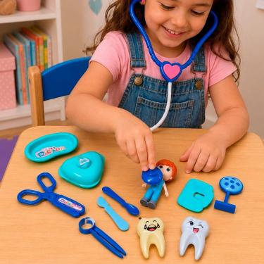 Imagem de Kit Brinquedo Dentista Infantil 13 Peças com Estetoscópio Espelho Máscara e Acessórios Azul