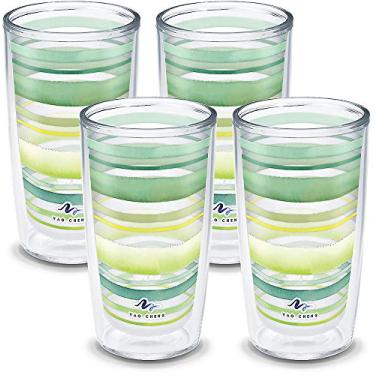 Imagem de Tervis Copo de viagem Yao Cheng de cristal verde feito nos EUA de parede dupla com isolamento térmico mantém as bebidas frias e quentes, 473 ml, pacote com 470 ml, listras verdes e azuis