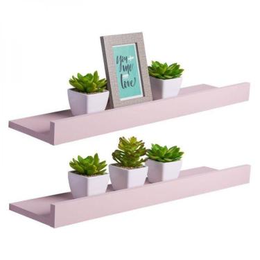 Imagem de Kit 2 Prateleiras Porta Quadros 60 X 10cm Rosa Claro Suporte Invisível