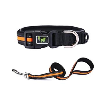Imagem de Foern Conjunto de coleira e coleira para cachorro, conjunto de coleira refletiva com fivela de liberação rápida, coleira para cachorro ajustável para cães pequenos, médios grandes, laranja, M