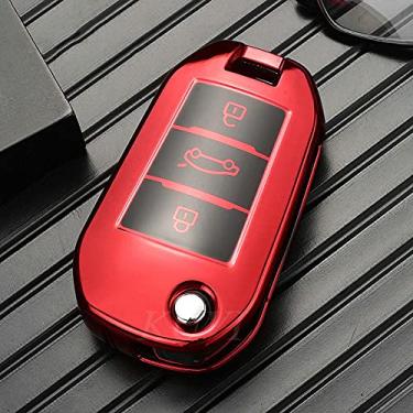 Imagem de CSHU TPU Car Key Case Cover Keychain Ring Key Bag, apto para Peugeot 3008 208 308 508 408 2008 307 4008 Citroen C4 C4L CACTUS C3 C6 C8, vermelho