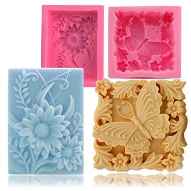 Imagem de Pacote com 2 moldes de sabonete de flor de borboleta para fabricação de sabonete, molde floral 3D de silicone para sabonetes artesanais, bombas de banho, barras de loção, cera de abelha, velas, argila de polímero, gesso de Paris, suprimentos para artesanato de resina