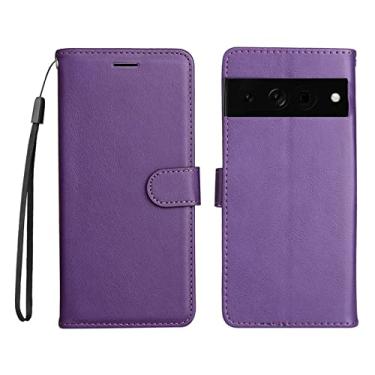 Imagem de YINGDAFENG Capa flip para Google Pixel 7, capa carteira de couro PU vintage com slots para cartão recurso de suporte e alça de pulso fecho magnético TPU à prova de choque para mulheres e homens, roxo