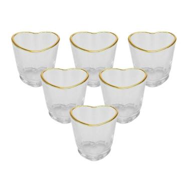 Imagem de Kit 6 Copos Shot Coração Vidro Com Borda Dourada 50Ml