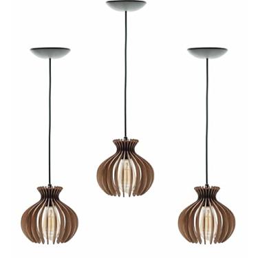 Imagem de Trio Luminária Lustre Pendente Alaska (18x18cm) - Cor Imbuia - Madeira Rústico