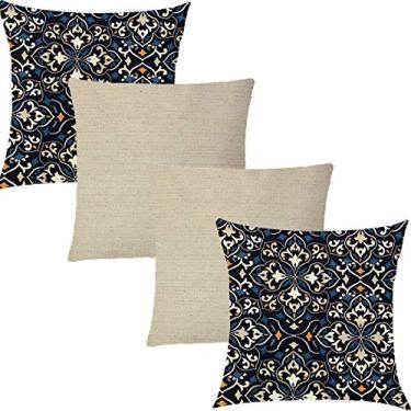 Imagem de Kit 4 Capas de Almofadas Composê Cásis Azul Marinho e Linho 45x45cm