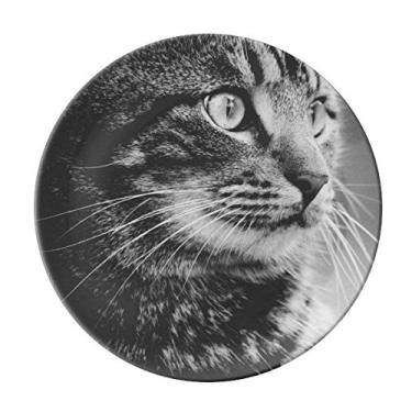 Imagem de Prato de gato branco preto com perfil de animal selvagem decorativo de porcelana salver talheres, prato de jantar
