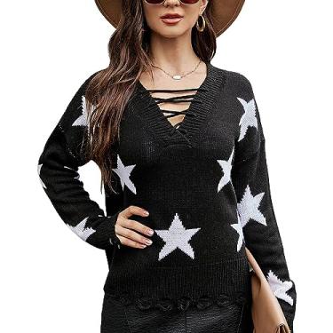 Imagem de Suéter feminino casual com ombro caído com cordão e gola em V padrão de estrela pulôver elástico ajuste solto, Preto, GG
