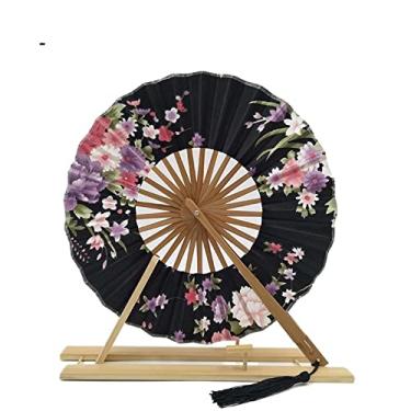 Imagem de Leque dobrável japonês Sakura flor bolso ventilador de mão dobrável círculo redondo decoração de festa presente moinho de vento ventilador dobrável de bambu acessórios decorativos feitos à mão (cor: 08)